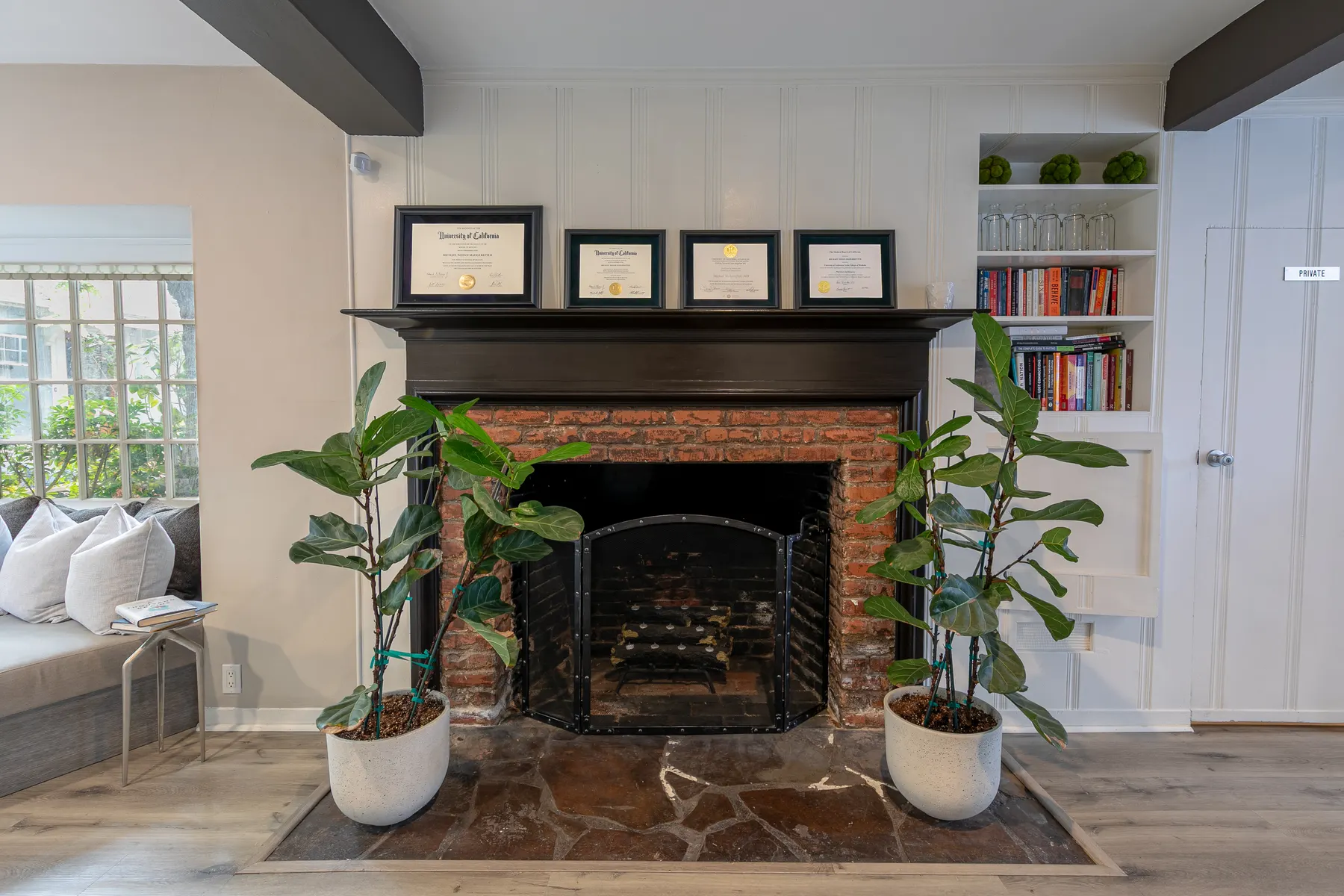 The fireplace in Dr. Mike Mah's Century City office